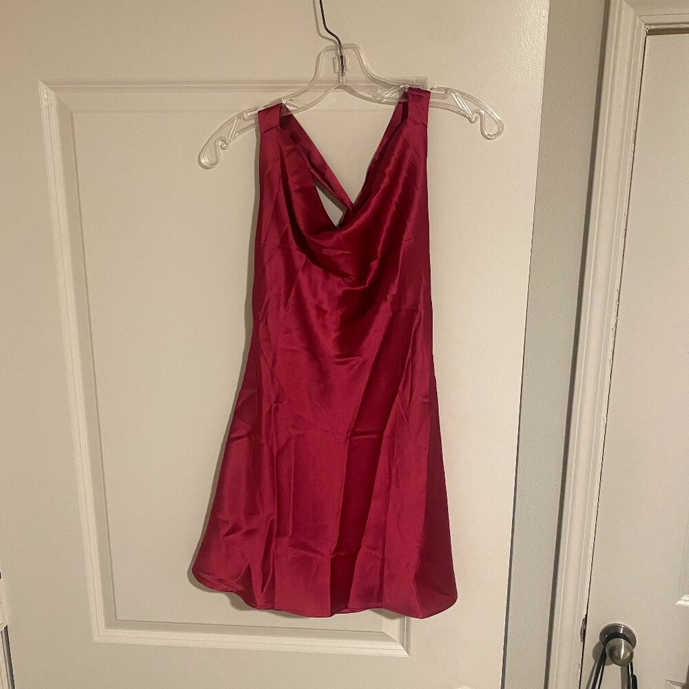 Cantonwalker Women's Cowl Neck Halter Satin Mini Dress